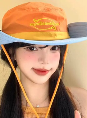 2026新款复古工装多巴胺拼色大檐渔夫帽子女春夏季户外防晒登山帽