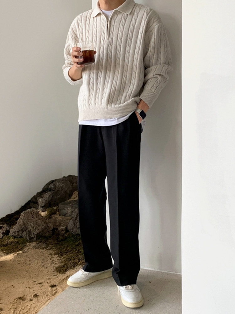 MRCYC 하프 지퍼 트위스트 니트 스웨터 가을 남성 한국 스타일 느슨한 틈새 디자인 옷깃 풀오버 스웨터