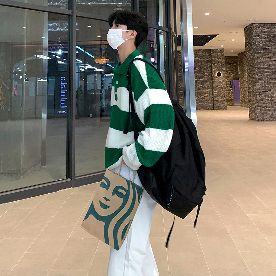 MRCYC韩版条纹翻领套头针织毛衣