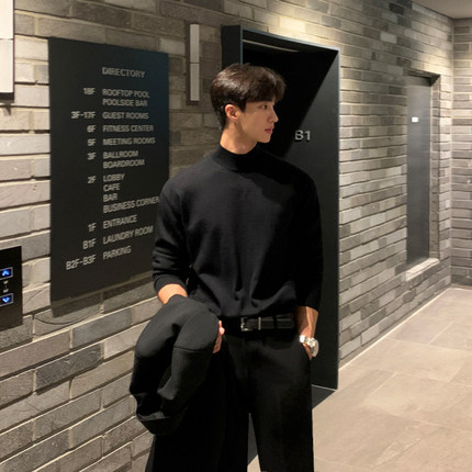 MRCYC半高领毛衣男秋冬宽松韩系潮流加厚黑色中领针织打底衫线衣