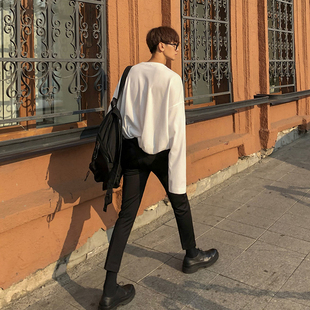 基本款 韩系宽松长袖t恤男纯棉男士打底衫上衣服圆领白色春秋上衣