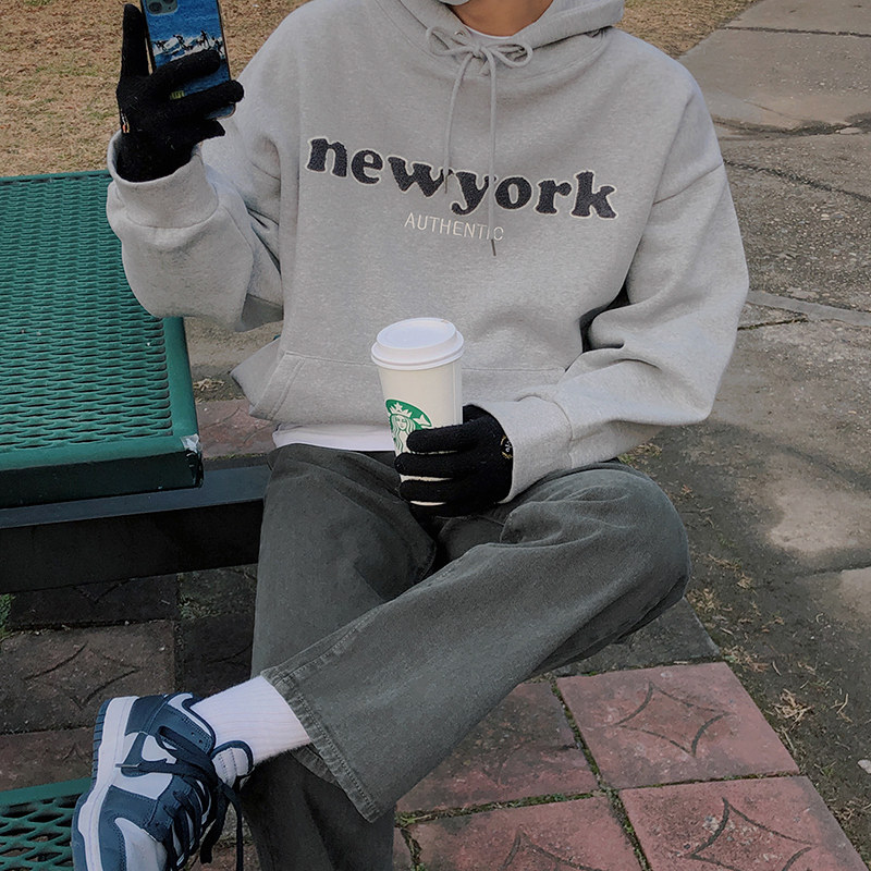 MRCYC连帽卫衣男秋季韩系宽松加绒加厚纯棉套头字母植绒上衣外套