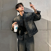 套装 韩系时尚 春秋宽松阔腿牛仔裤 MRCYC痞帅复古立领牛仔夹克男士