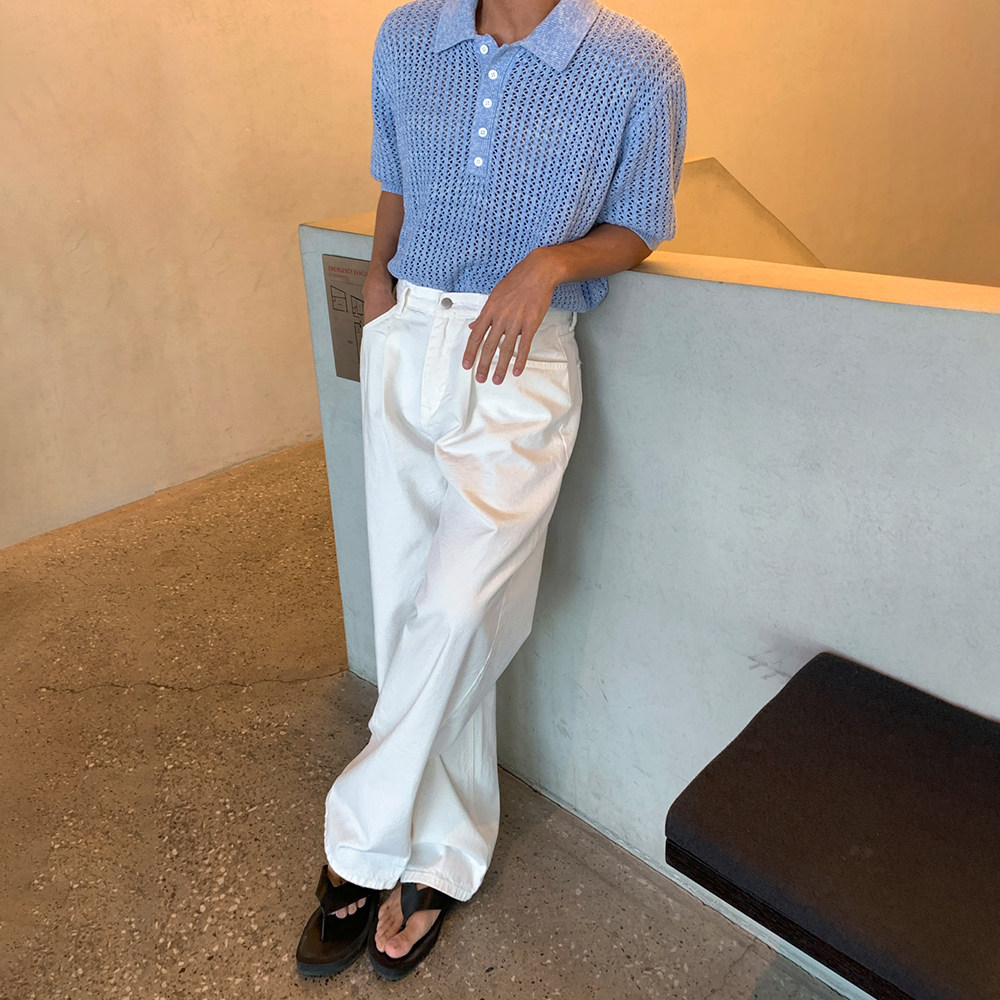 thumbnail for MRCYC cut-out lapel knitted T-shirt men's summer loose design polo shirt Korean commuter old money style short sleeves