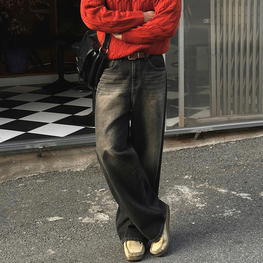 MRCYC韩系复古风水洗直筒牛仔裤