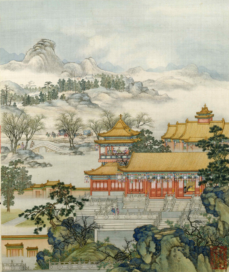 清陈枚山水楼阁图册一仿古画复制品山水画名人字画书画国画装饰画