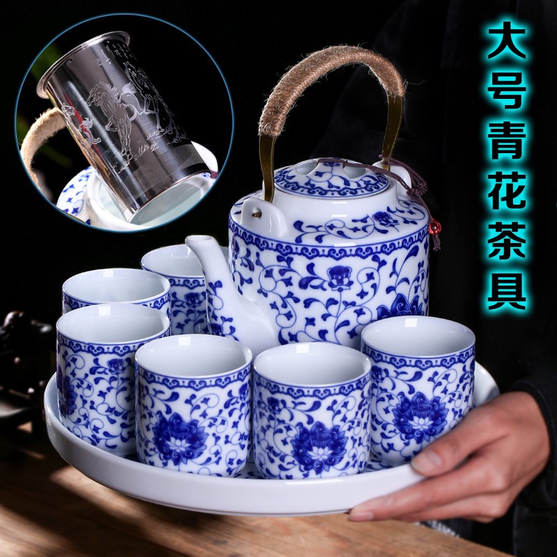 青花瓷景德镇陶瓷茶具套装提梁茶道壶茶杯茶盘中式老式凉水壶大号