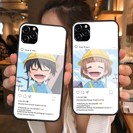 iphone11pro/X/XS/XR/XS max磨砂钢化玻璃手机壳苹果6/6splus/i7/8/7plus/8plus镜面硅胶保护套可爱卡通情侣