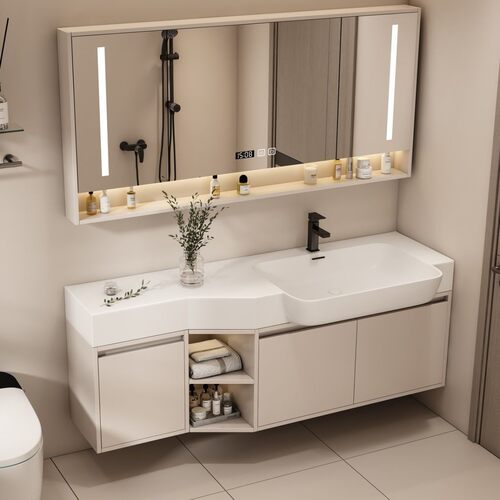 小户型浴室柜网红一体盆定制切角实木奶油风卫生间洗手盆柜组合