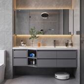 风水实木浴室柜折叠隐藏式 组合陶瓷一体智能洗漱卫生间洗脸盆岩板