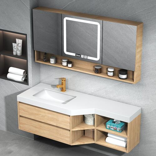 定制岩板浴室柜斜切角异形窄洗漱台无缝一体盆蜂窝铝洗脸盆柜组合