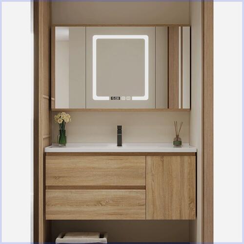 原木风68/78/88/98/108/118折叠风水镜柜陶瓷一体盆洗漱台浴室柜