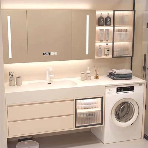 定制奶油风洗衣机柜组合岩板无缝陶瓷盆洗脸盆柜一体柜卫浴洗脸盆