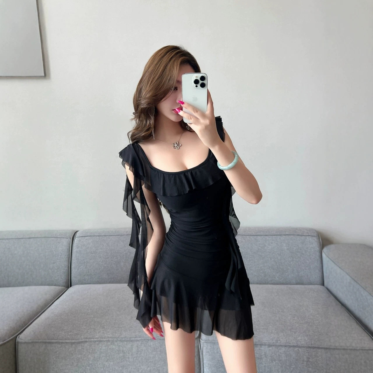 网纱性感连衣裙包臀小飞袖夜场工作服网纱飘带黑色短裙子女辣妹风