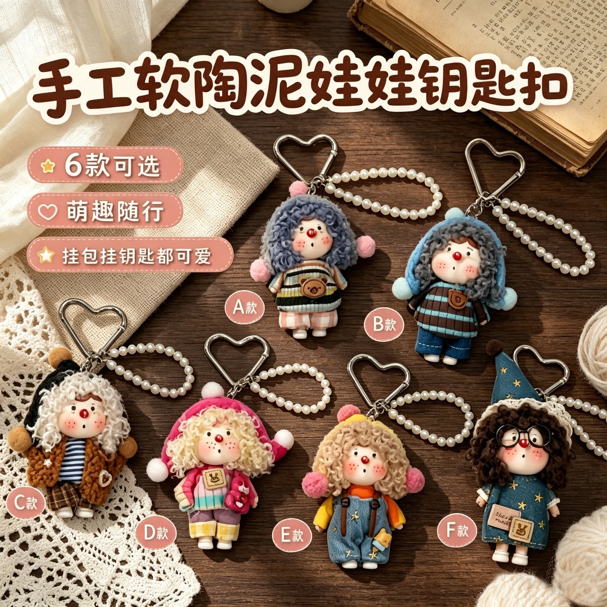 复古软陶卷毛娃娃挂件钥匙扣