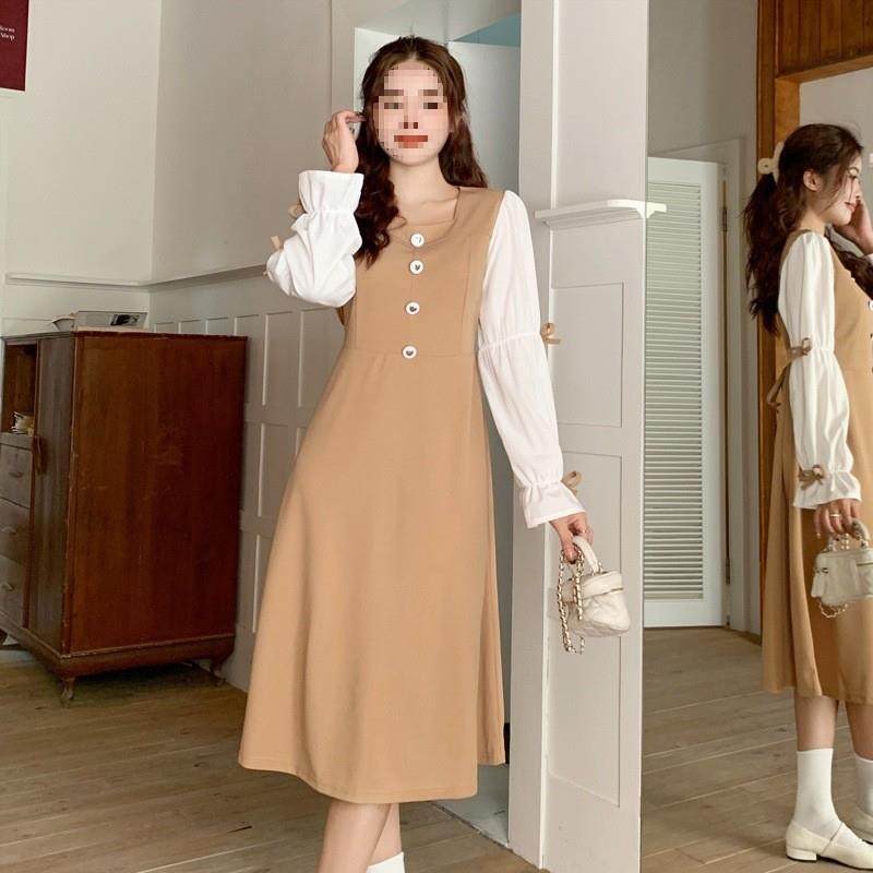 实拍2025年秋款大码女装复古方领袖口蝴蝶结茶歇法式显瘦连衣