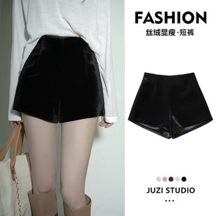 外穿加厚阔腿休闲a字配靴子打底裤 黑色高腰显瘦丝绒短裤 女秋冬季