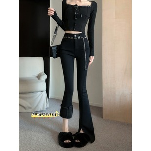 黑色裤子女款秋冬加厚加绒开叉微喇裤高腰修身显瘦阔腿喇叭休闲裤