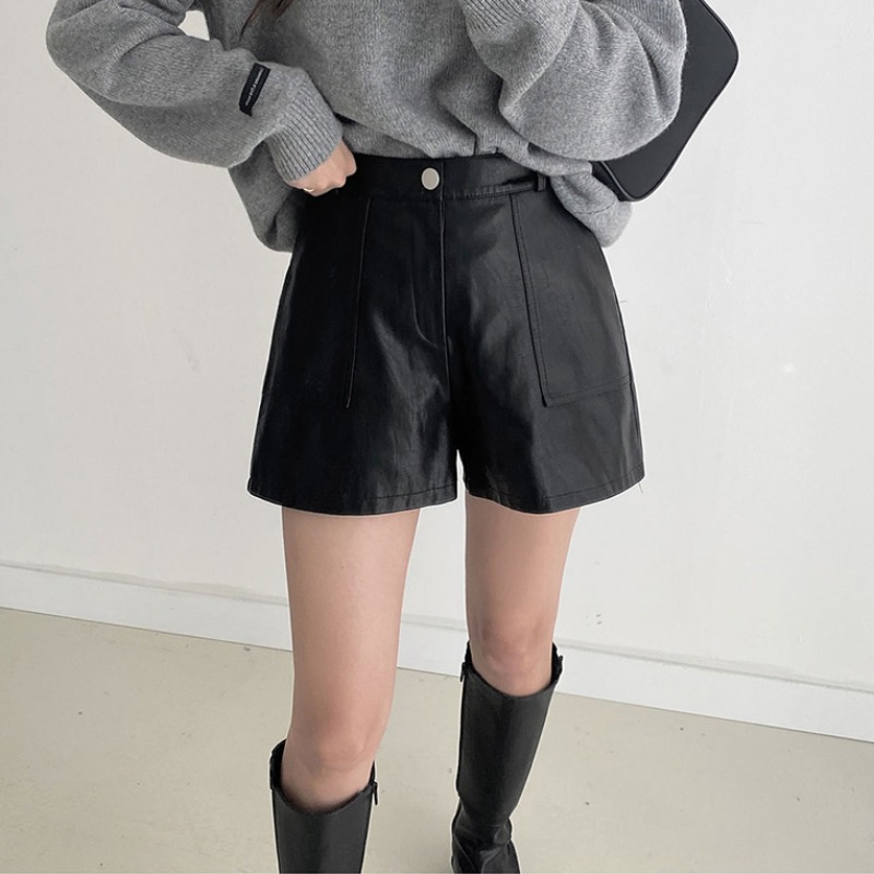 高腰皮短裤女a字版皮裤