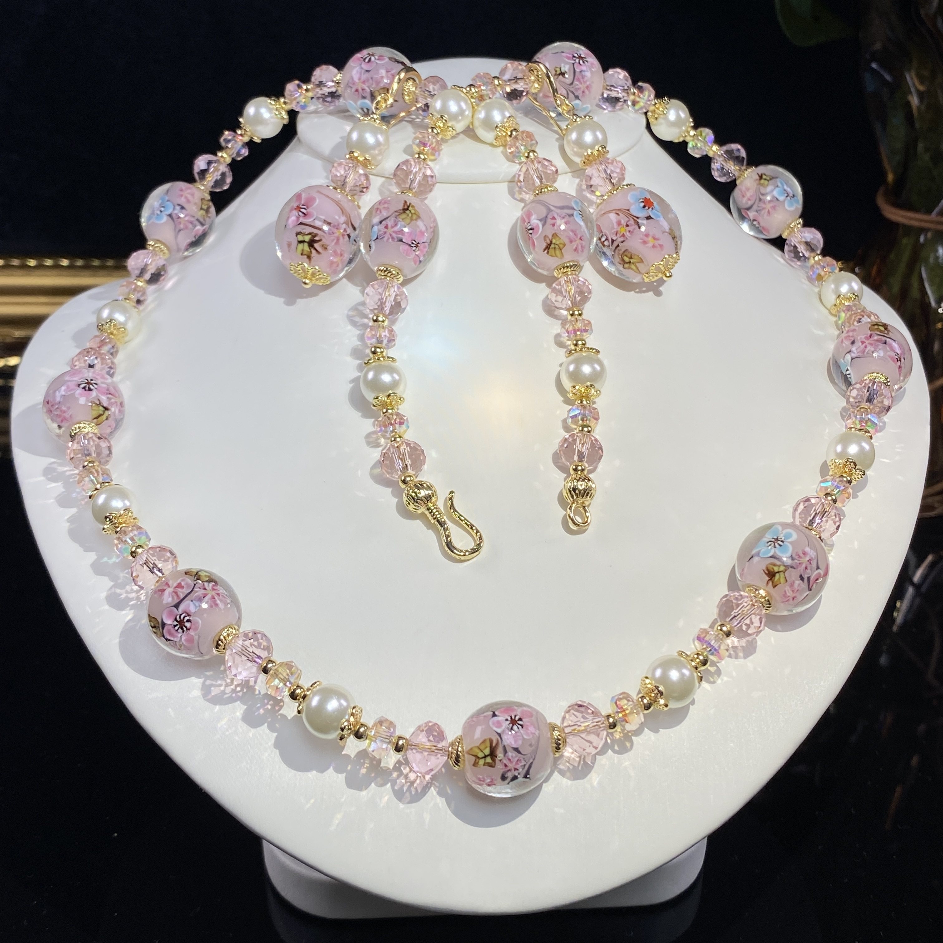 中古原创设计卡14重工内花粉樱花蝴蝶造景琉璃粉色毛衣链耳饰套装