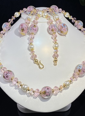 中古原创设计卡14重工内花粉樱花蝴蝶造景琉璃粉色毛衣链耳饰套装