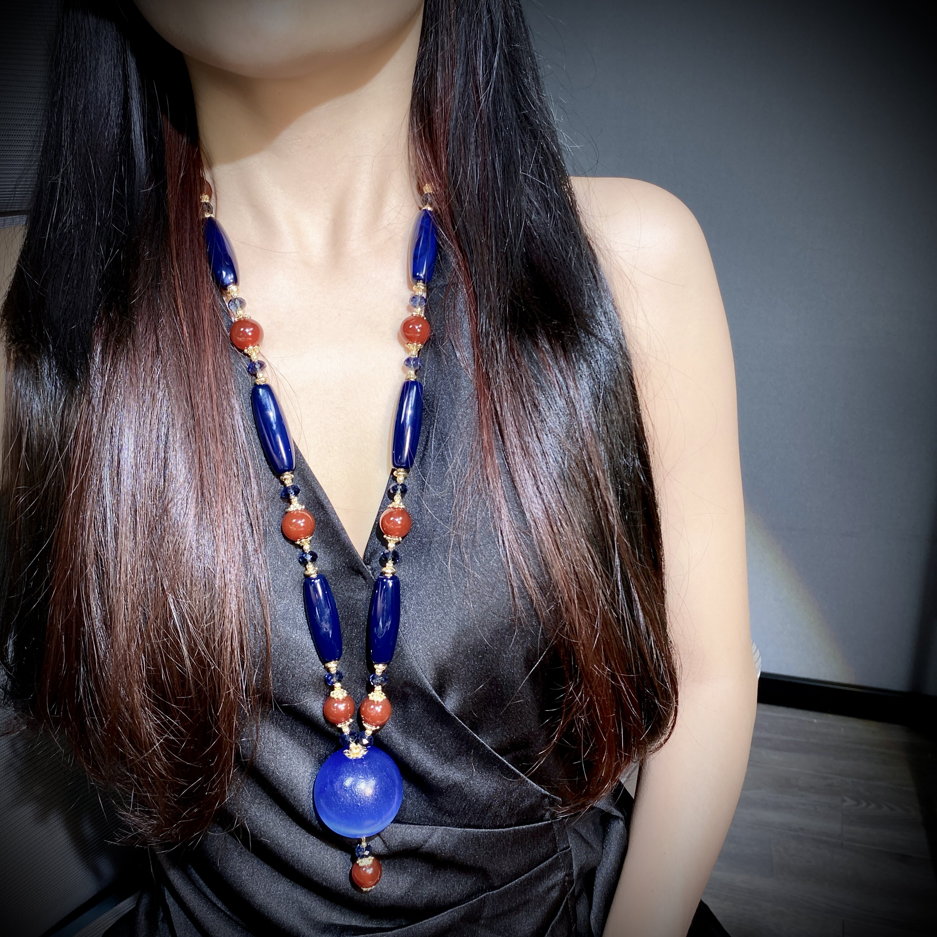 中古饰品能量球卡40老猫眼深蓝缠丝玛瑙毛衣链天然石耳饰项链套装