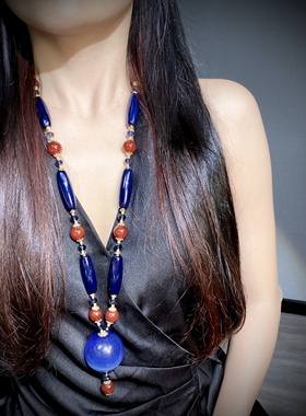 中古饰品能量球卡40老猫眼深蓝缠丝玛瑙毛衣链天然石耳饰项链套装