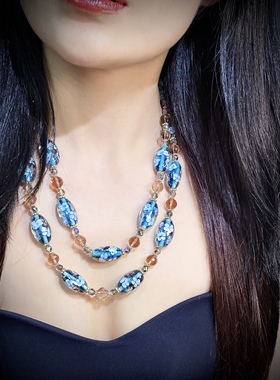 中古饰品手工水墨异形琉璃大珠叠戴颈链蓝色气质复古原创双层项链
