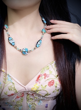 中古饰品意大利进口立体花叶纯手工琉璃颈链T芙尼蓝清新原创项链