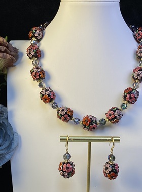 中古饰品立体穆拉诺花珠纯手工琉璃颈链卡16原创复古项链耳饰套装