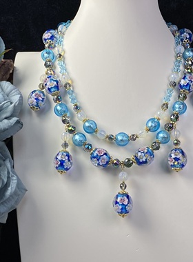 中古饰品双层银箔立体内花手工琉璃颈链蓝色流苏气质复古原创项链