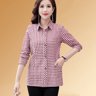 薄款 有口袋妈妈装 中年女士全棉衬衣中老年人秋季 格子衬衫 外套 新款