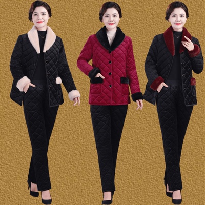 妈妈春装条绒棉衣时尚洋气套装