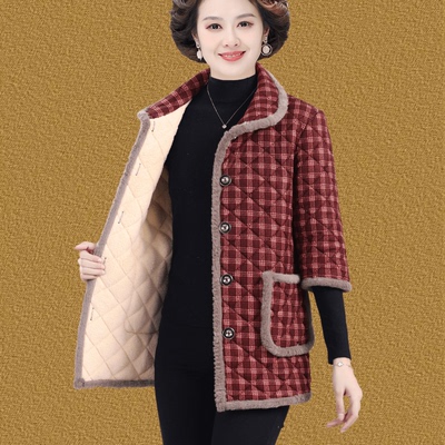 妈妈冬季加绒加厚格子马甲女