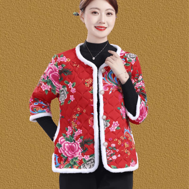 东北大花棉袄加绒民族风女士唐装碎花小棉衣时尚新年加绒减龄棉服