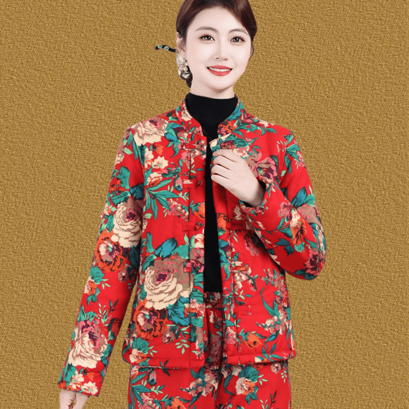 新品立领棉衣加绒夹棉保暖棉袄两件套东北大花棉服灯笼裤中式套装