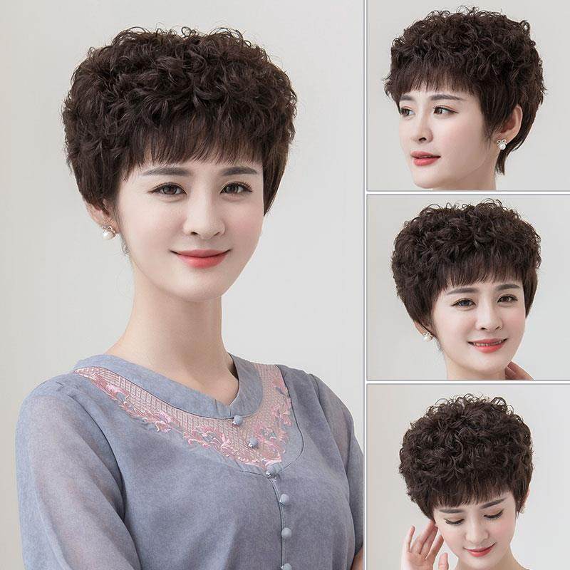正品永久烫全真假发女短发中老年女款短卷发全头套式真发逼真妈妈