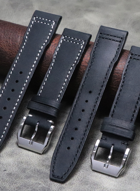 手工马克波涛户外登山表22mm21mm20mm磨面黑色头层真皮牛皮表带
