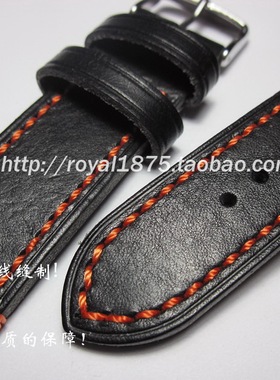 户外登山表优质纯手工20mm黑色小牛皮橙色线真表带定制