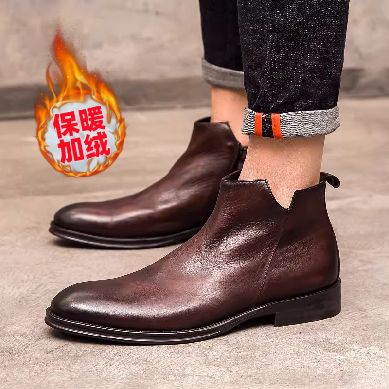 秋冬款男士皮鞋高帮加绒保暖短靴