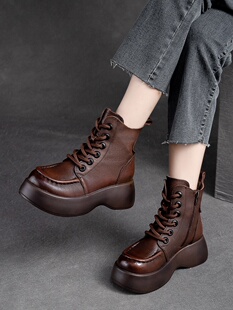 真皮增高马丁靴女鞋覆古松糕厚底轻便头层牛皮短靴加绒加厚棉鞋潮