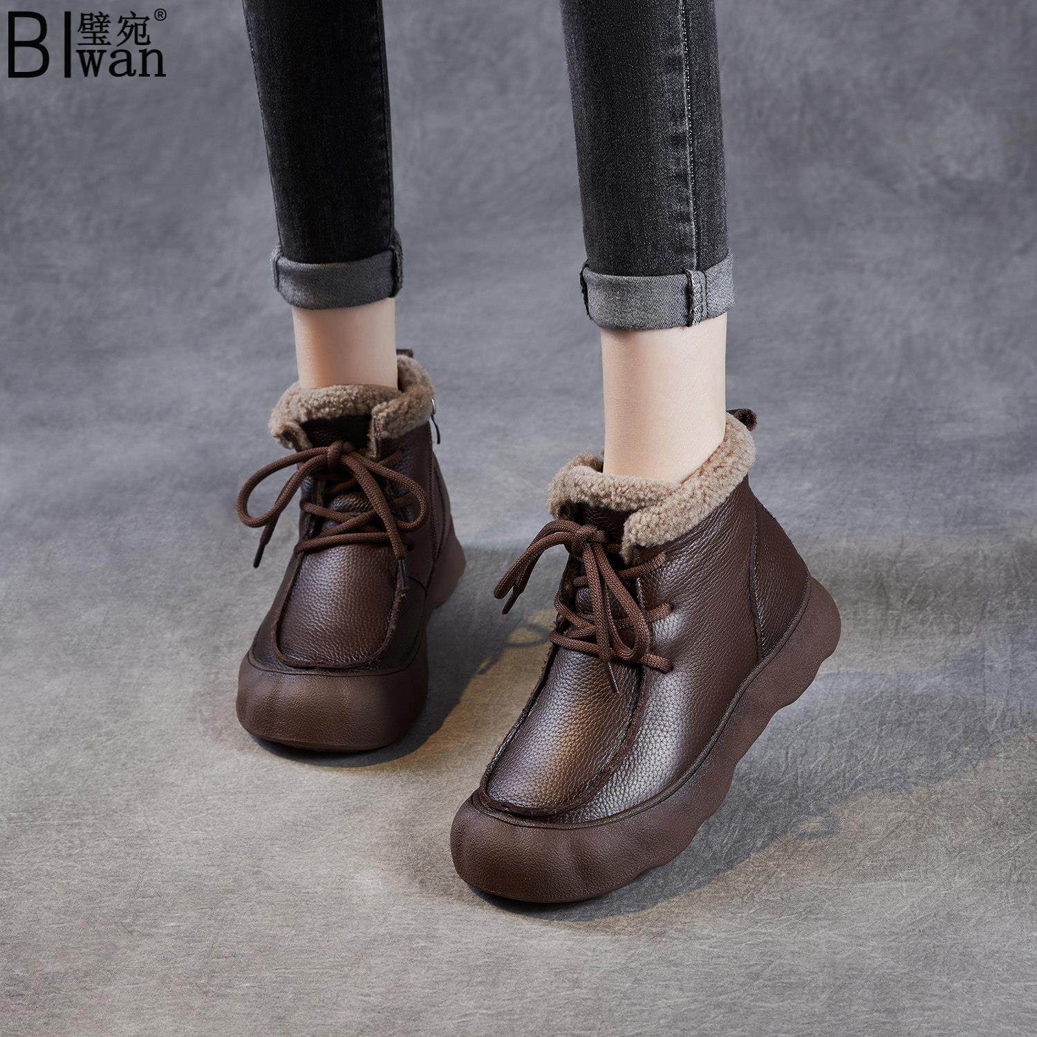 真皮短靴女鞋冬季新款时尚舒适保暖马丁靴加厚绒保暖系带妈妈棉鞋,女鞋,时尚雪地靴,淘宝优惠券,粉丝福利购,淘宝优惠卷