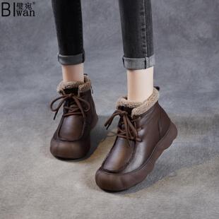 真皮短靴女鞋冬季新款时尚舒适保暖马丁靴加厚绒保暖系带妈妈棉鞋