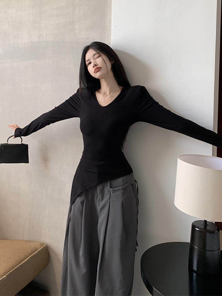 燕尾不规则U领垫肩长袖打底T恤女早秋设计感修身显瘦弹力内搭上衣
