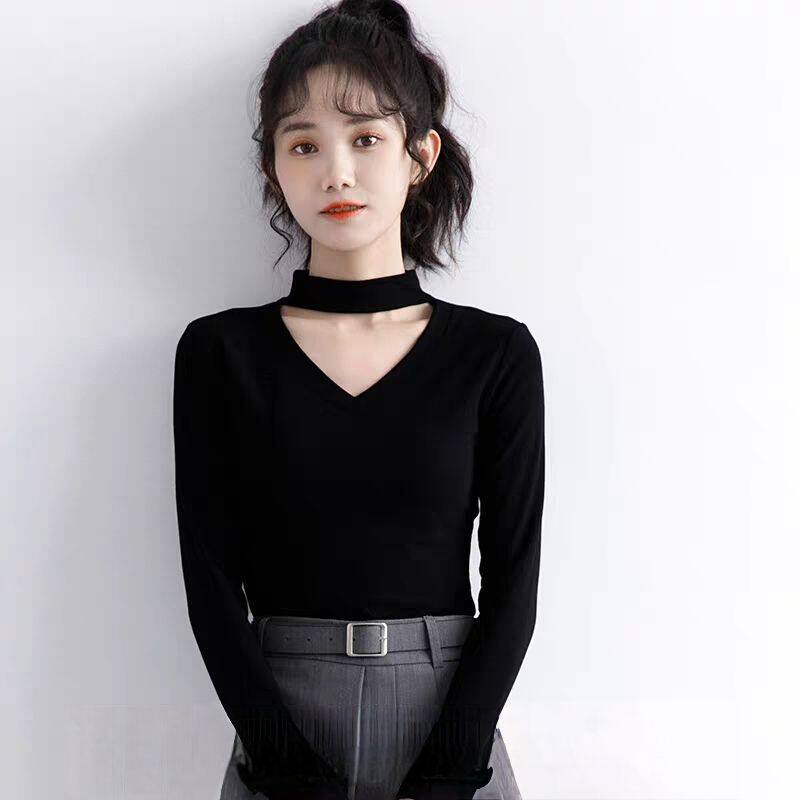 2025秋冬新款港风黑色挂脖上衣女修身显瘦V领长袖T恤百搭打底衫潮