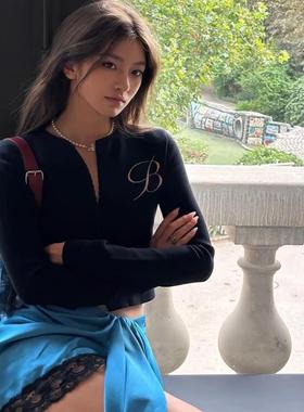 3天*BLUM*RI*E 经典黑色B字logo长袖开衫上衣 高腰短款针织上衣