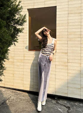 现货*牛仔裙印花视觉 辣妹拼色错觉女修身拖地裙连衣长裙YPROJECT