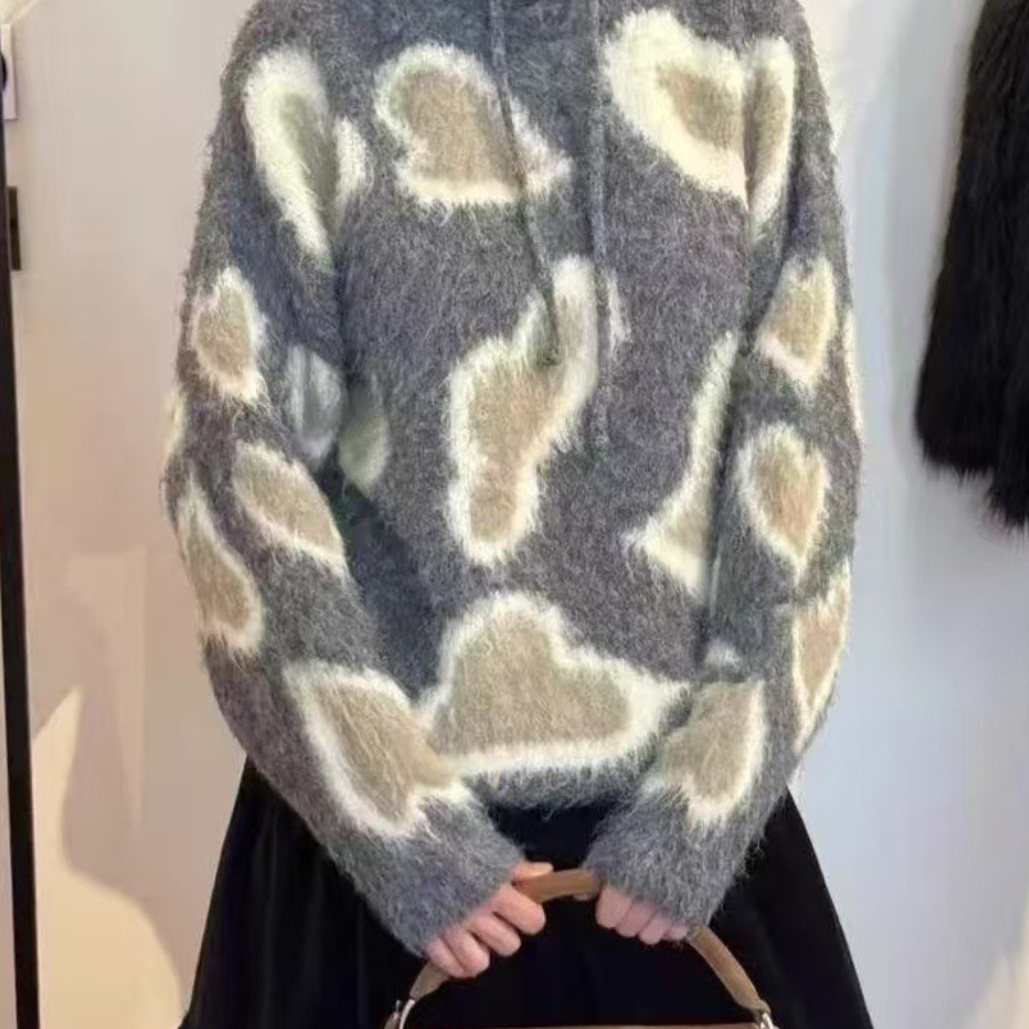 5天*OPNY炭灰/米棕爱心豹纹提花针织连帽卫衣套头毛衣秋冬宽松