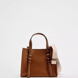 Z家新品女包跨境单肩包深棕黄色休闲斜挎包扣式拼接大容量手提包