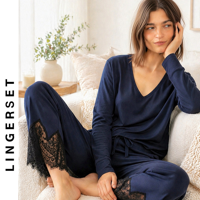 伶社 | 中国Lingerset高级莫代尔睡衣女春夏可外穿蕾丝家居服套装